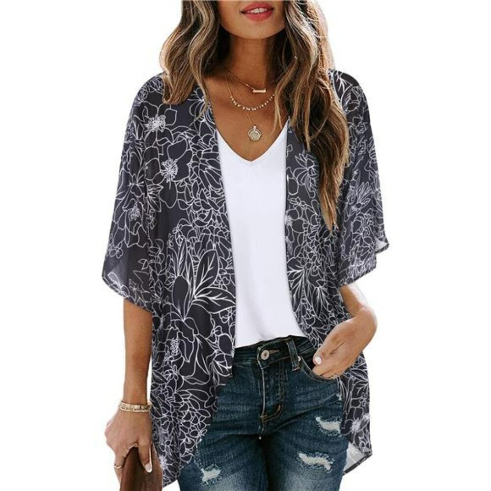 Womens Floral Kimono Cardigan Puff Sleeve Sheer Cover Up Loose Casual Top